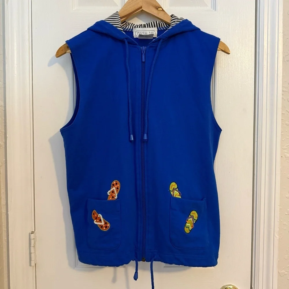 Mandal Bay Full Zip Sleeveless Vest Blue Embroidered Hooded Vest 100% Cotton SP - Picture 6 of 7